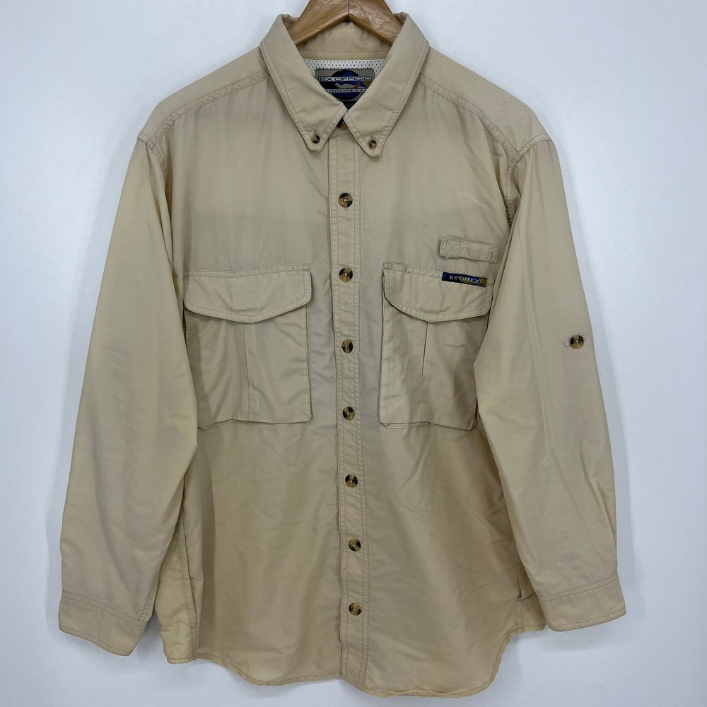 ExOfficio Adventure Wear Mens Medium Tan Long Sleeve Fishing Hiking Shirt Vtg
